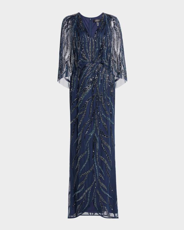 Cape-Sleeve Bead & Sequin Gown